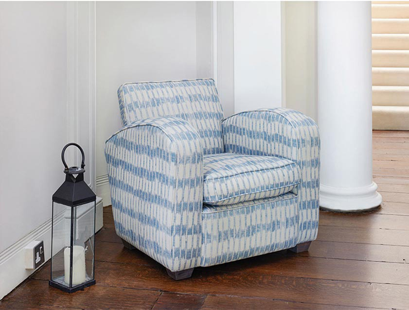 Montmartre chair in Spill Resistant V&A Ikat Morning Blue